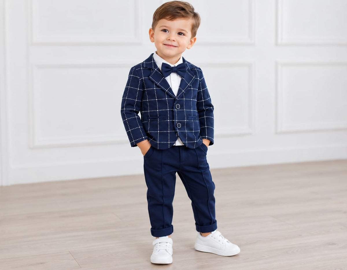 Costum elegant băieți cu sacou în carouri, cămașă și papion – bleumarin