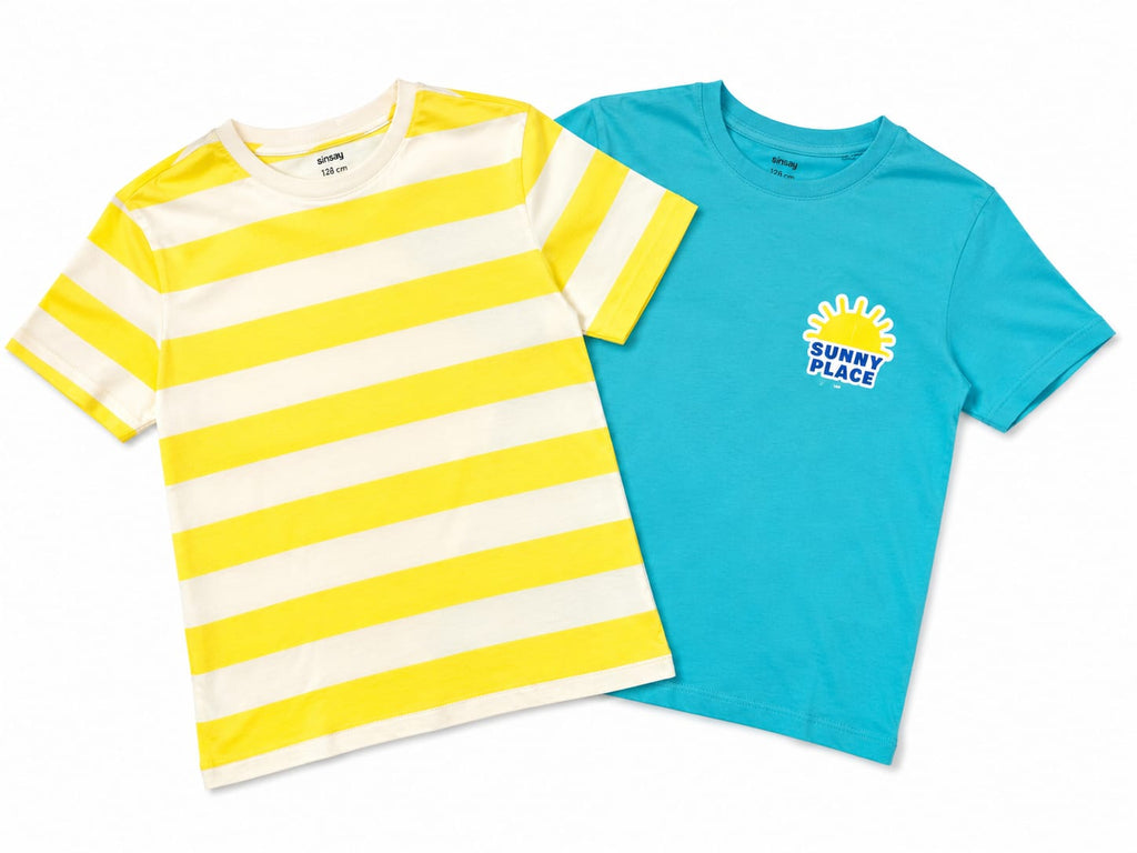 Set 2 tricouri copii – galben cu dungi și turcoaz