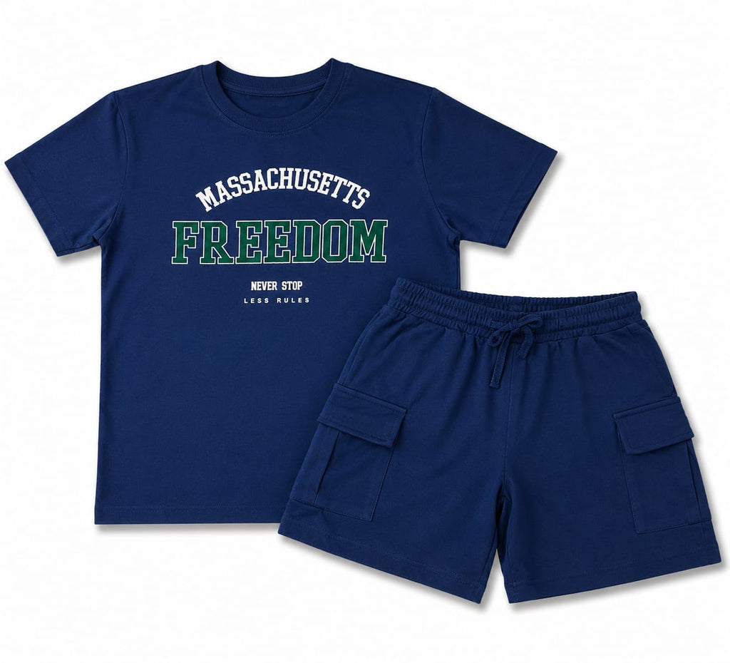 Set copii tricou + pantaloni scurți cargo bleumarin „Freedom”