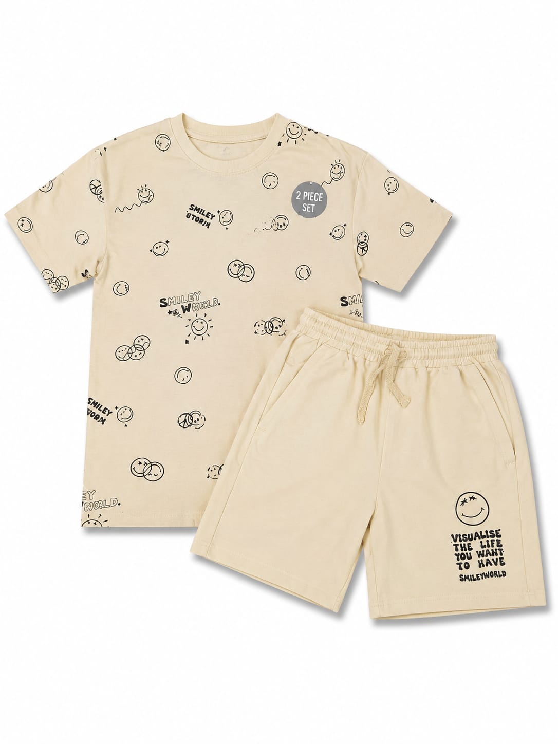 Set băieți 2 piese Smiley – tricou + pantaloni scurți, bej