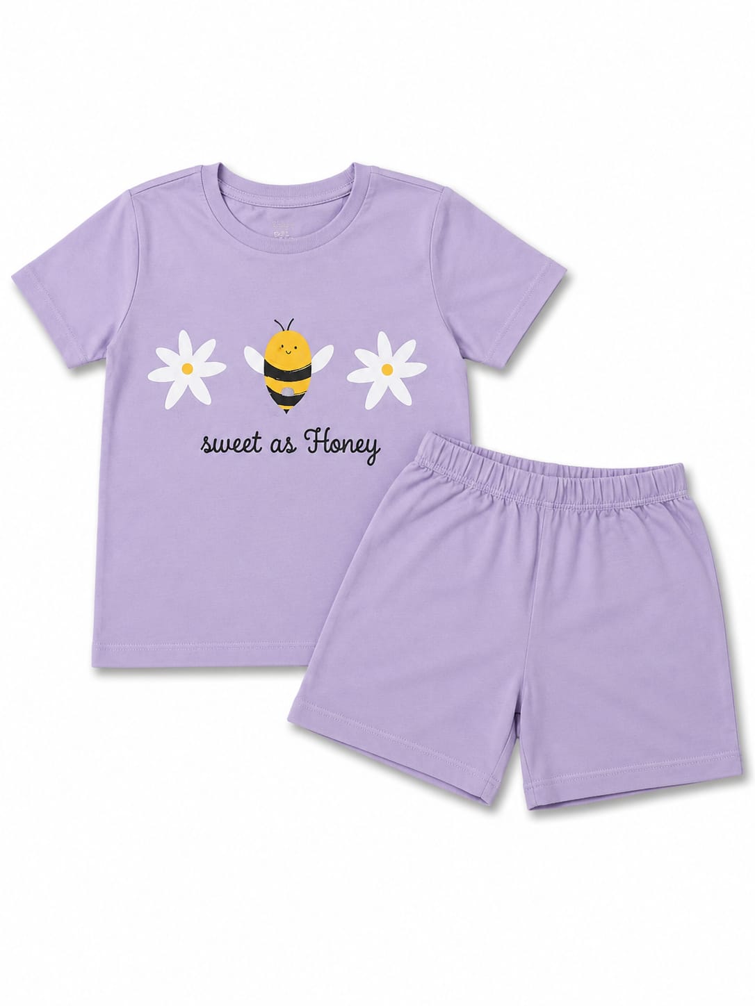 Compleu fete cu tricou și pantaloni scurți – model albinuță, mov