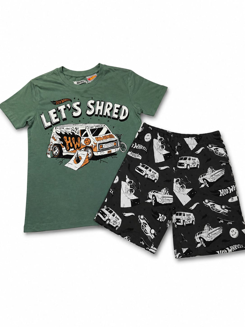 Compleu băieți Hot Wheels – tricou verde și pantaloni scurți cu mașini
