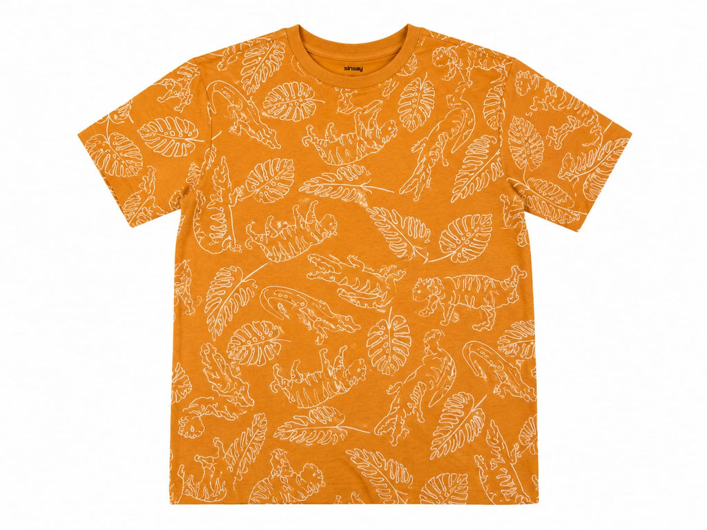 Tricou băieți portocaliu cu imprimeu tigri și frunze tropicale