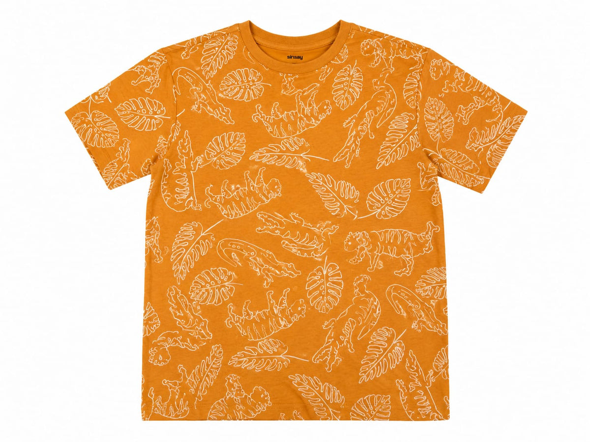 Tricou băieți portocaliu cu imprimeu tigri și frunze tropicale