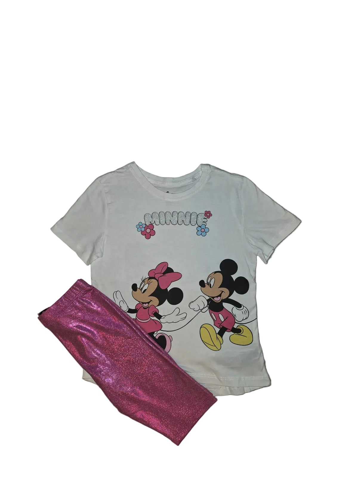 Compleu fete Minnie & Mickey Mouse – tricou alb + colanți roz strălucitori