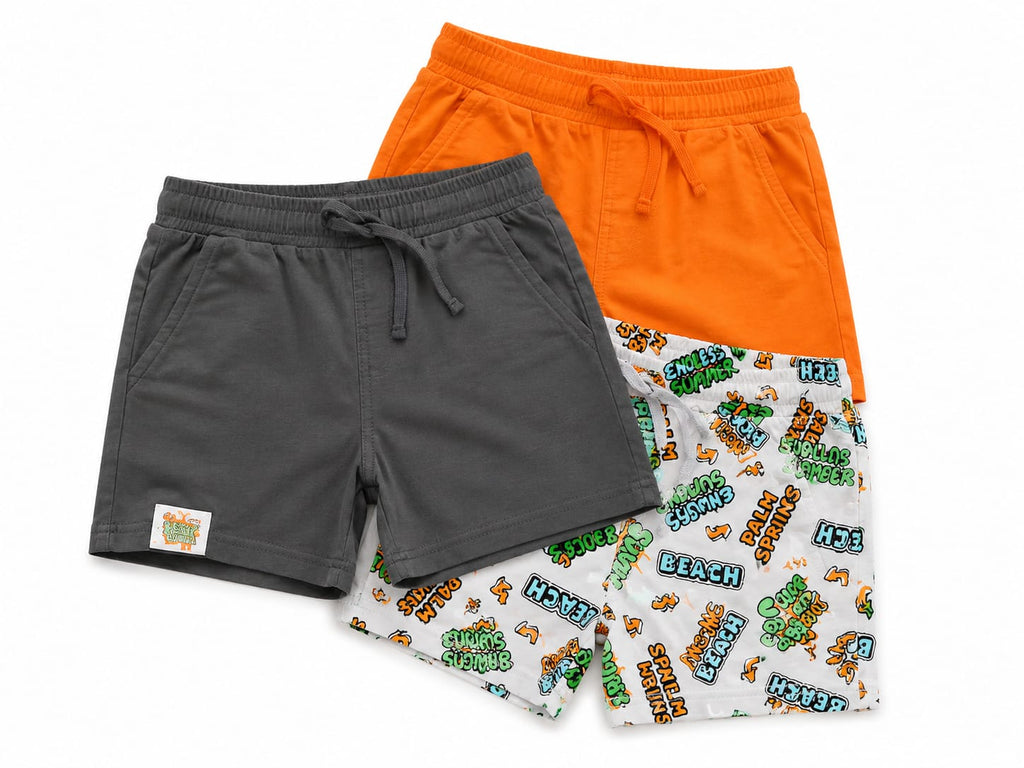 Set 3 Pantaloni Scurți Băieți – Gri, Portocaliu & Imprimeu