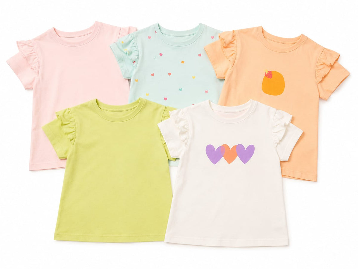 Set 5 tricouri fete cu mânecă volănaș – culori pastel