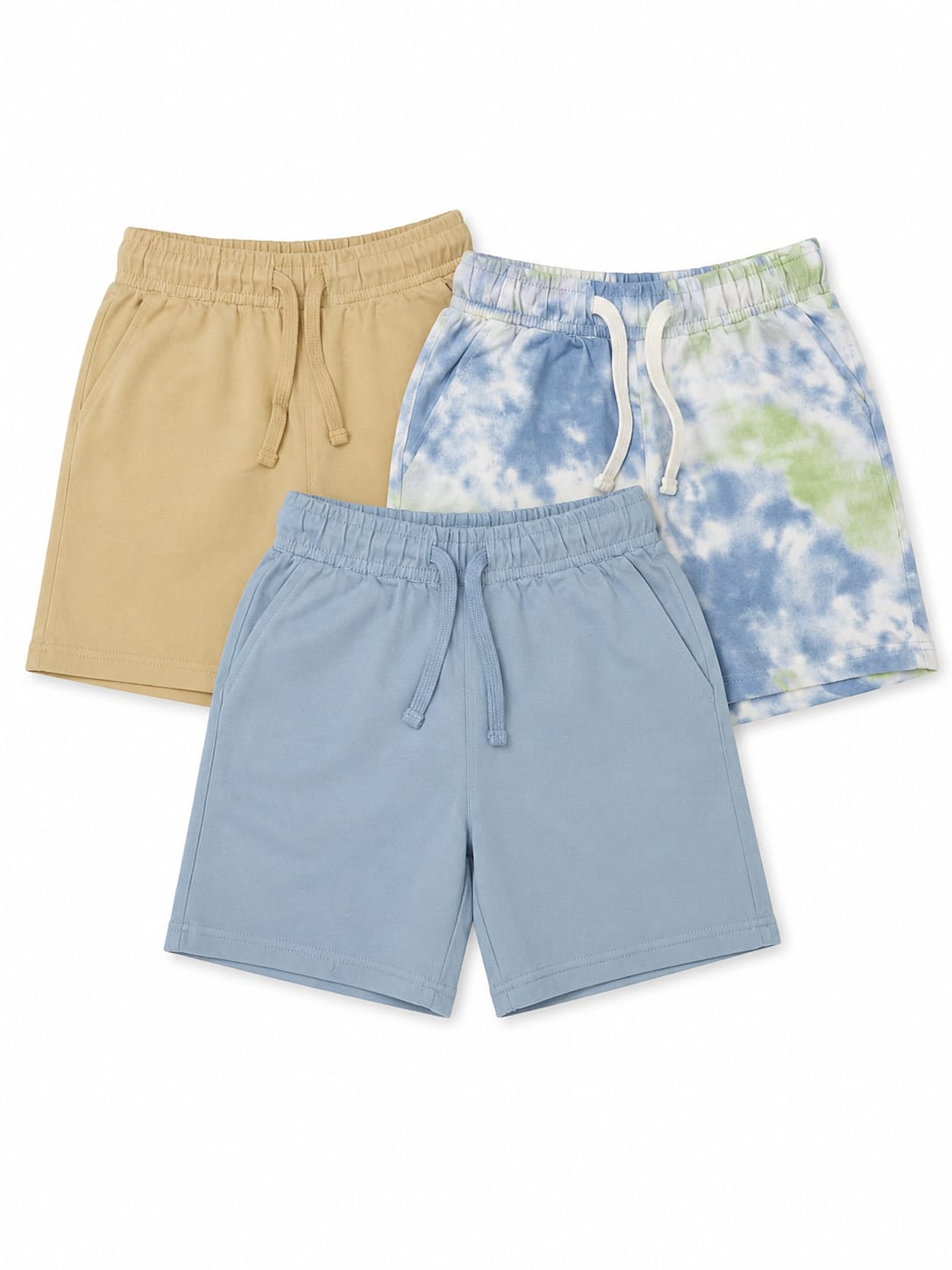 Set 3 pantaloni scurți băieți cu șnur – Bleu, Bej & Tie-Dye
