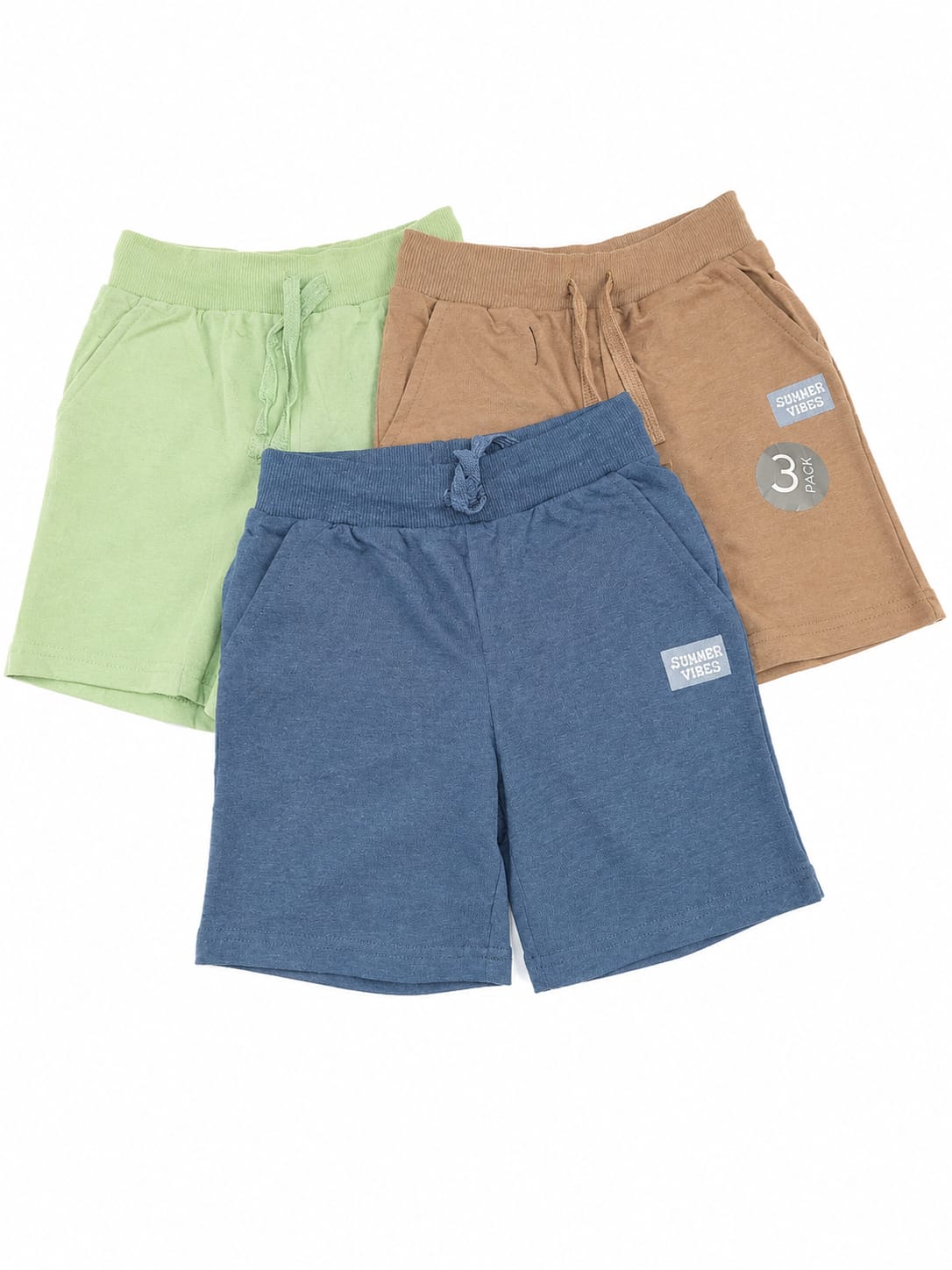 Set 3 pantaloni scurți băieți „Summer Vibes” – Verde, Maro & Albastru