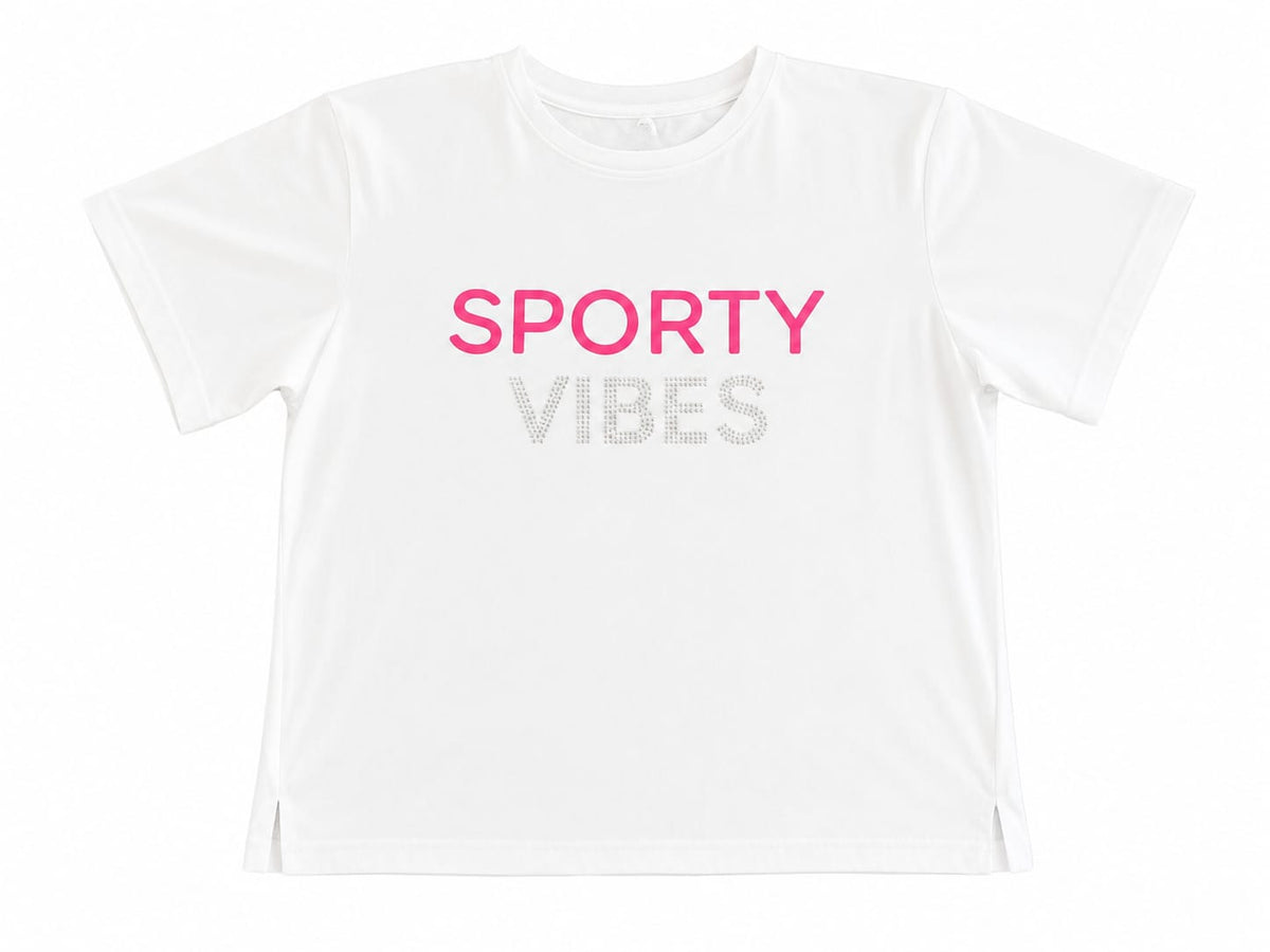 Tricou fete alb „Sporty Vibes” cu imprimeu roz