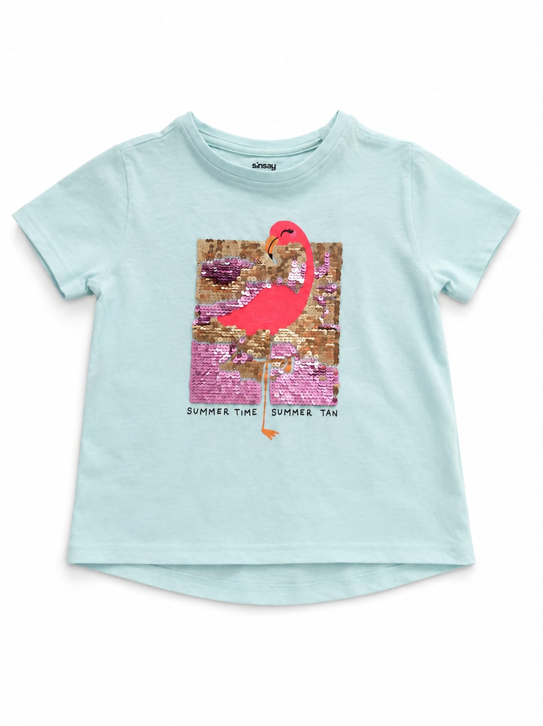 Tricou fete bleu cu flamingo și paiete „Summer Time”