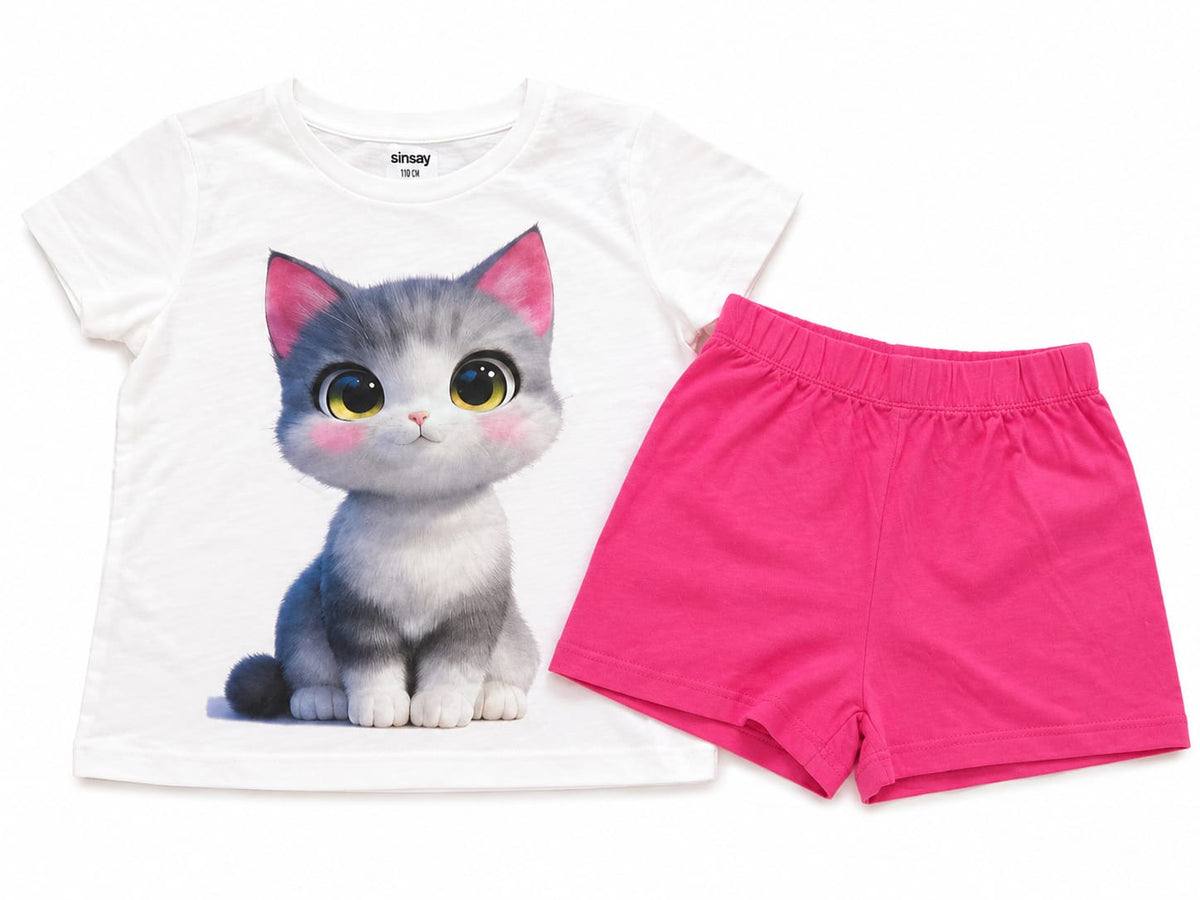 Set fete 2 piese – Tricou cu pisicuță & pantaloni scurți roz