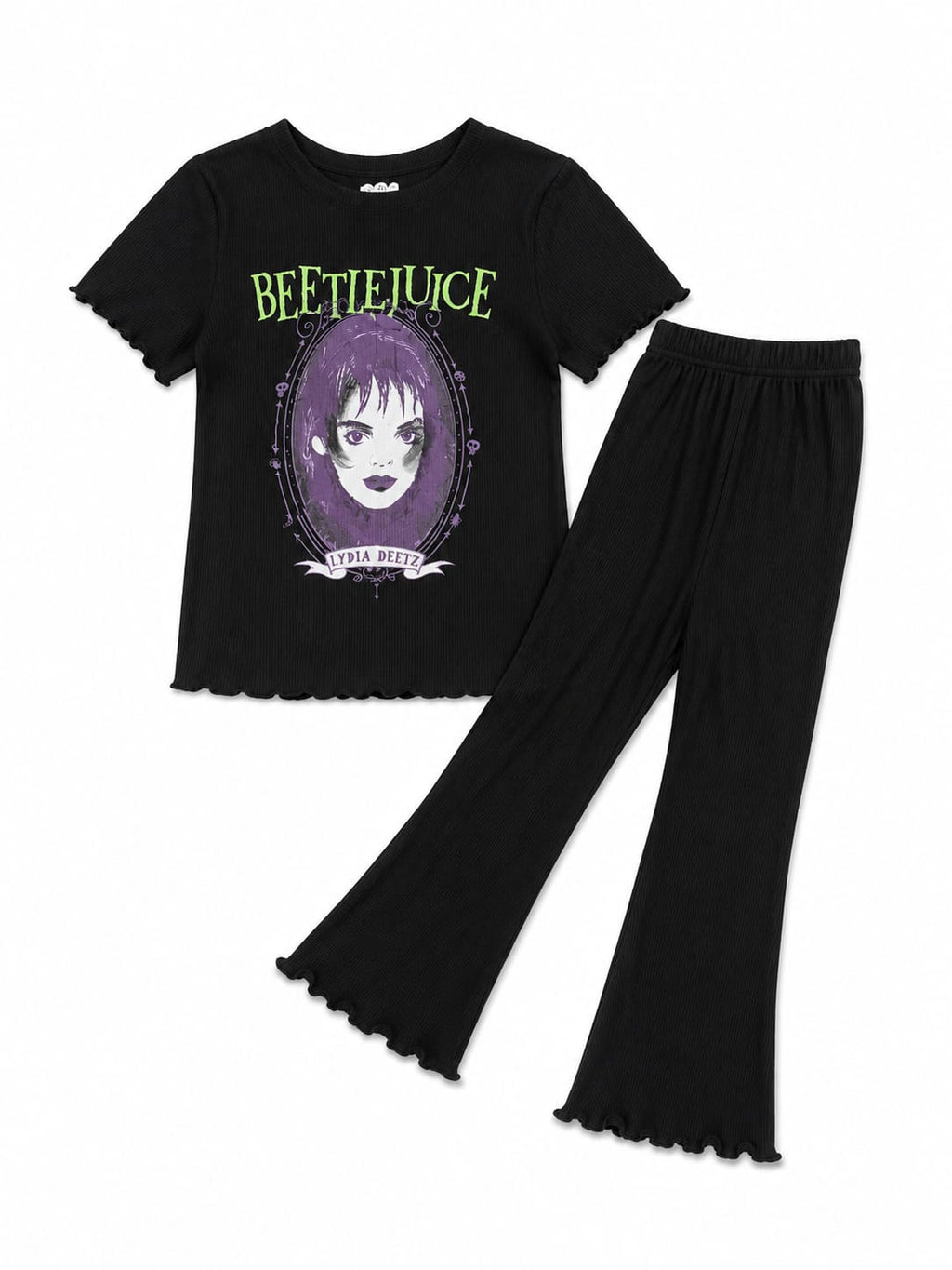 Set fete 2 piese negru – Tricou cu imprimeu & pantaloni evazați