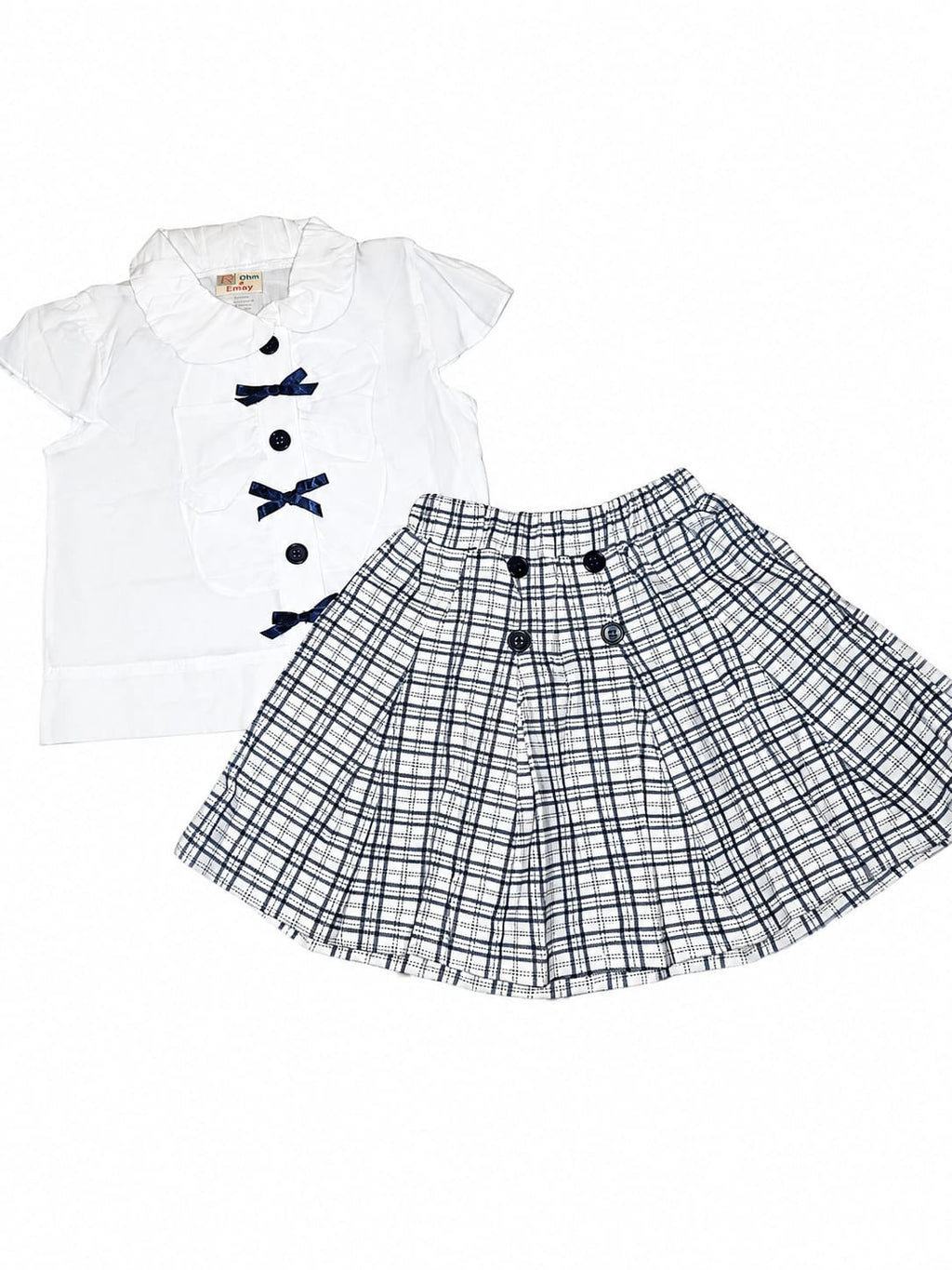Set elegant fete 2 piese – Bluză albă cu fundițe & fustă în carouri