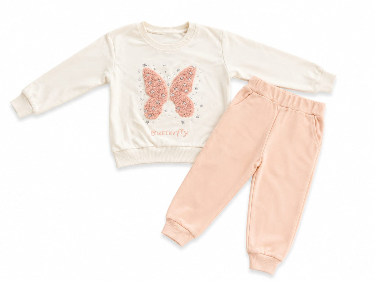Compleu fete 2 piese Butterfly - crem si roz pal