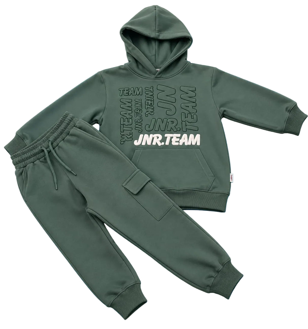 Compleu băieți verde kaki JNR Team cu glugă - 2 piese