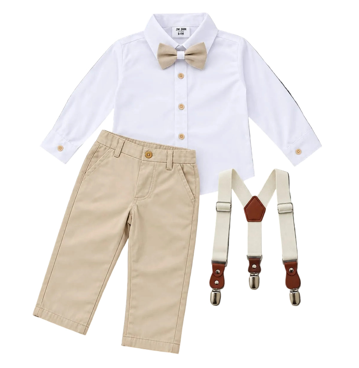 Set elegant băieți  cu cămașă ,pantaloni,papion și bretele-alb-bej