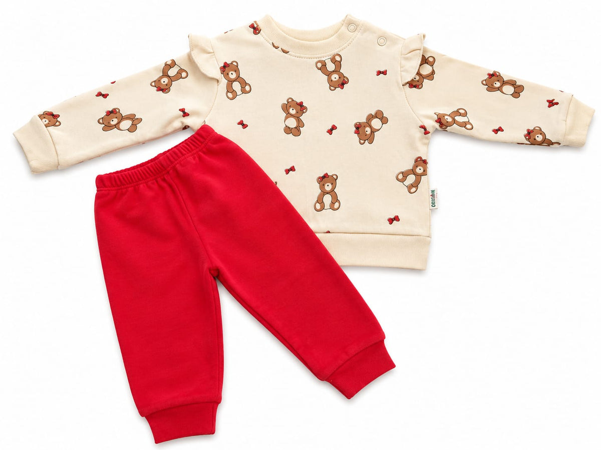 Compleu bebe cu ursuleți- bluză crem și pantaloni roșii