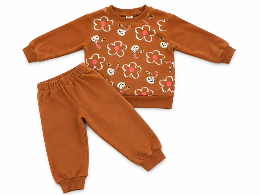 Compleu fetițe cu flori -maro-caramel,bluză și pantaloni