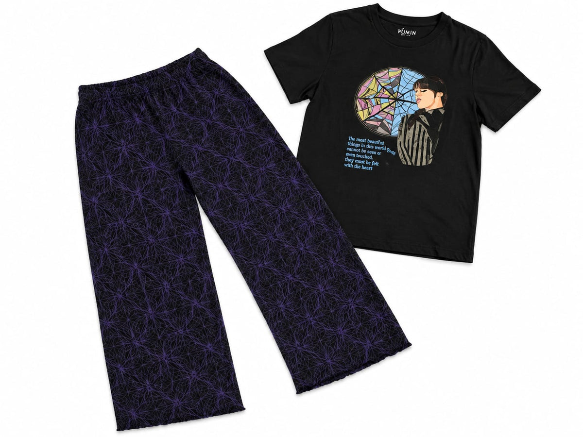 Pijama fete 2 piese-tricou negru și pantaloni cu imprimeu