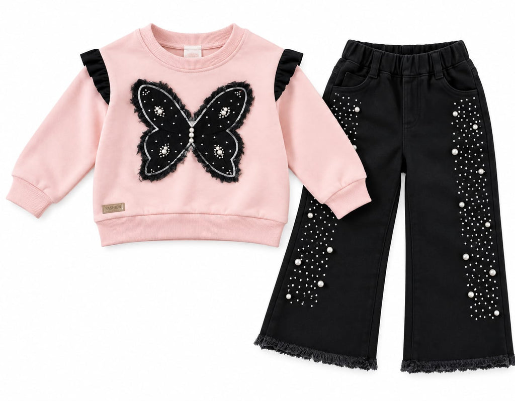 Compleu fete Butterfly- bluză  roz și blug negru cu perle