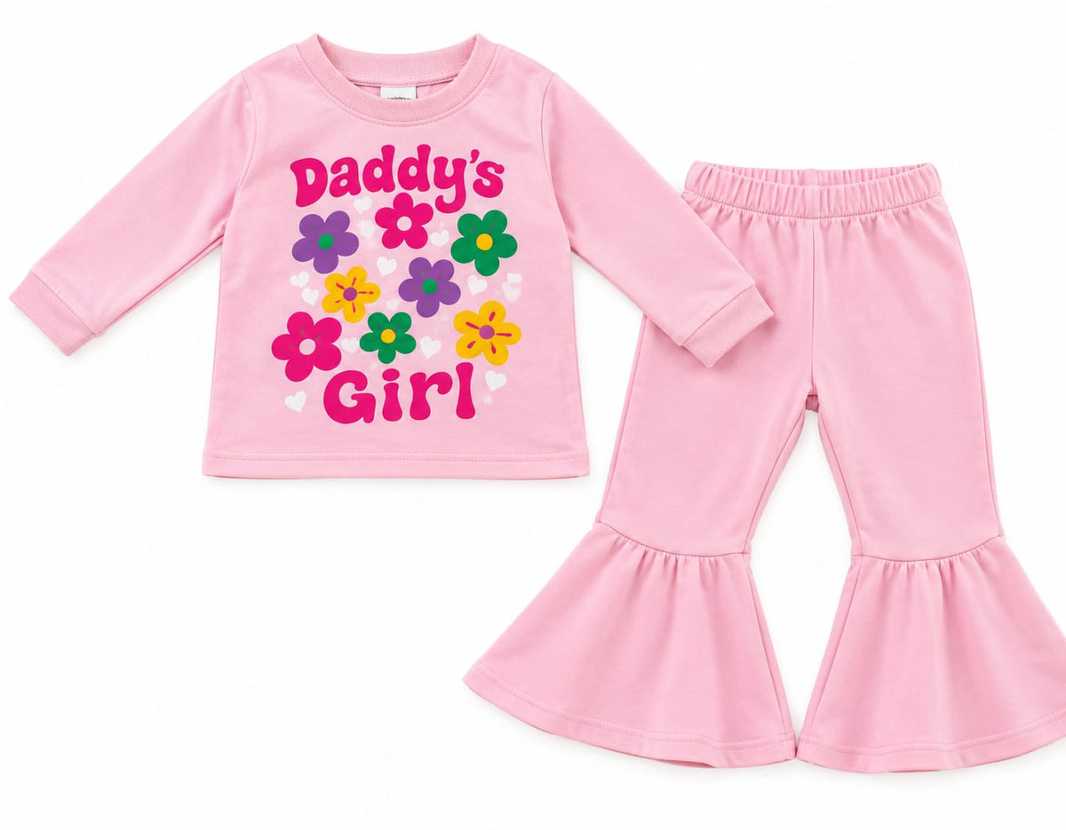 Compleu fete Daddy’s Girl cu flori – bluză și pantaloni evazați roz