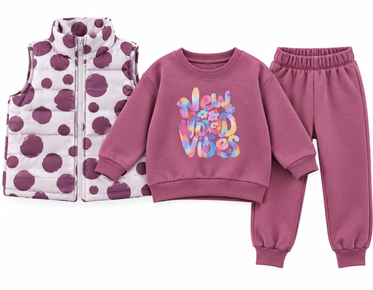 Compleu fete 3 piese New Good Vibes – vestă, bluză și pantaloni  - vătuit