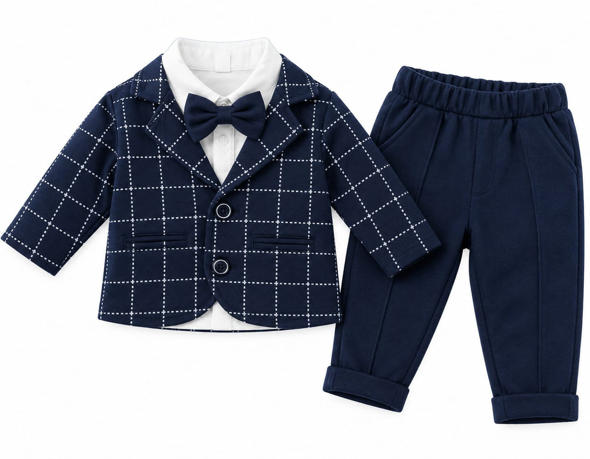 Costum elegant băieți cu sacou în carouri, cămașă și papion – bleumarin