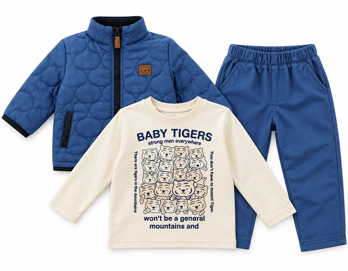 Compleu băieți 3 piese Baby Tigers – geacă , bluză și pantaloni albaștri