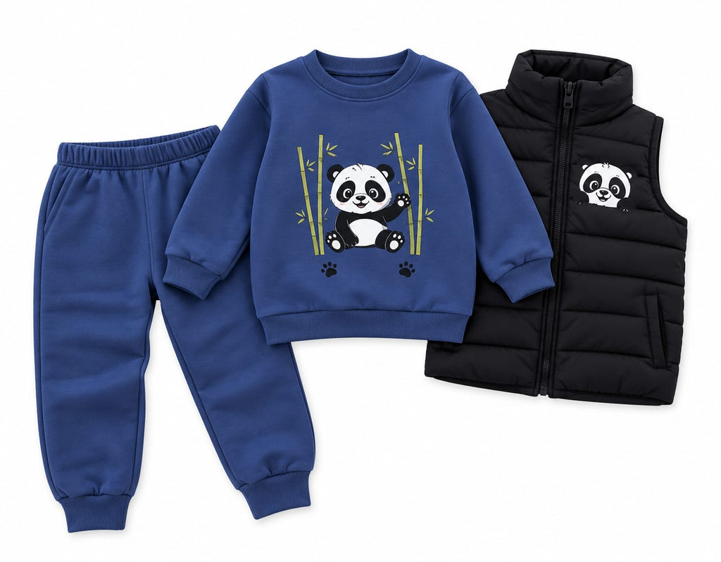 Compleu băieți 3 piese Panda – vestă matlasată, bluză și pantaloni albaștri vătuit