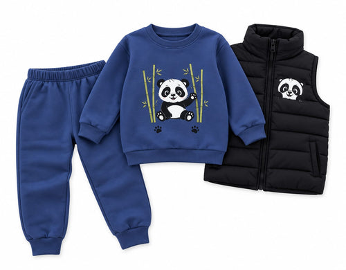 Compleu băieți 3 piese Panda – vestă matlasată, bluză și pantaloni albaștri vătuit