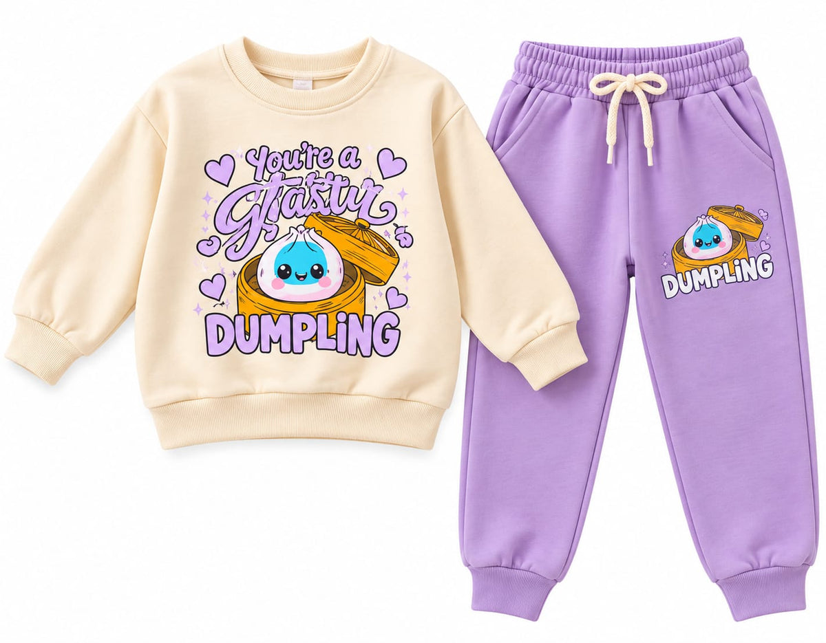 Compleu fete Dumpling – bluză crem și pantaloni mov