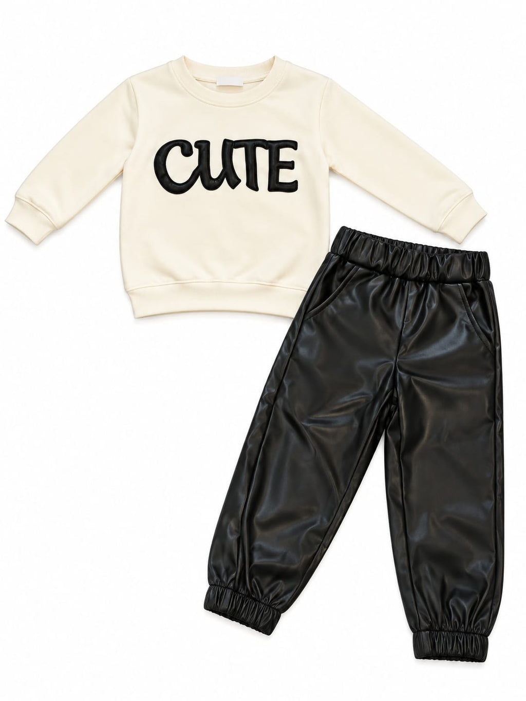 Compleu fete CUTE cu bluză albă și pantaloni negri efect piele