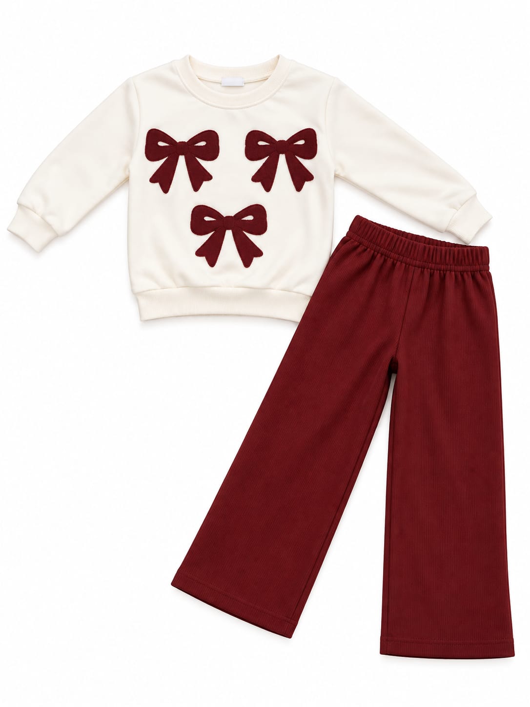 Compleu fetițe crem și bordo cu fundițe – bluză și pantaloni