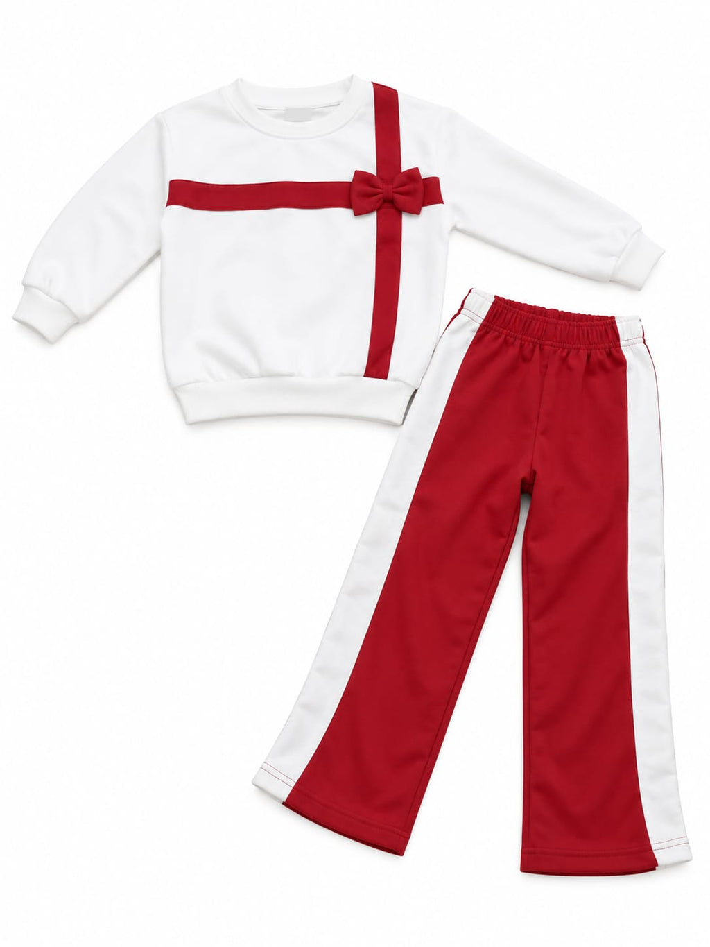 Compleu fetițe alb-roșu cu fundiță – bluză și pantaloni