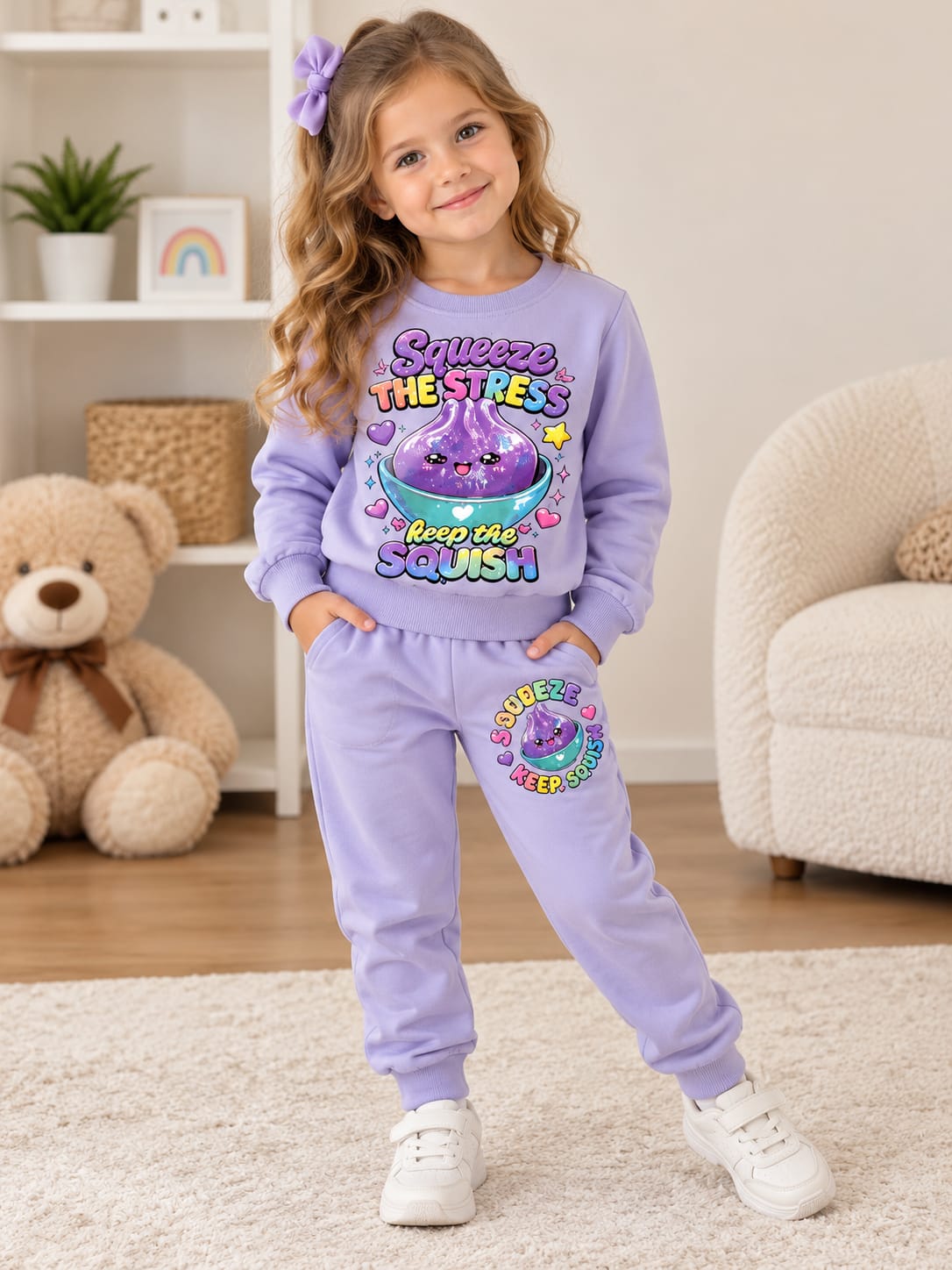 Compleu fete 2 piese, mov lila, bluză cu mâneci lungi și imprimeu Squishy, pantaloni lungi cu talie elastică