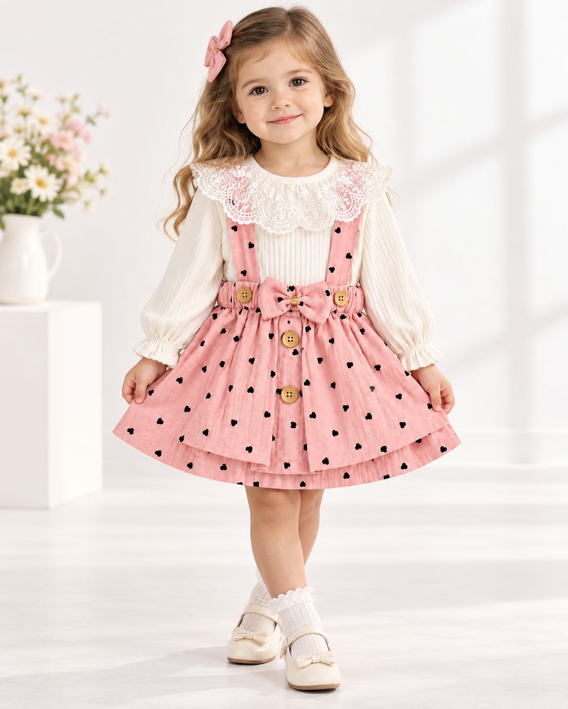Set elegant pentru fetițe cu bluză și fustiță cu bretele 🎀