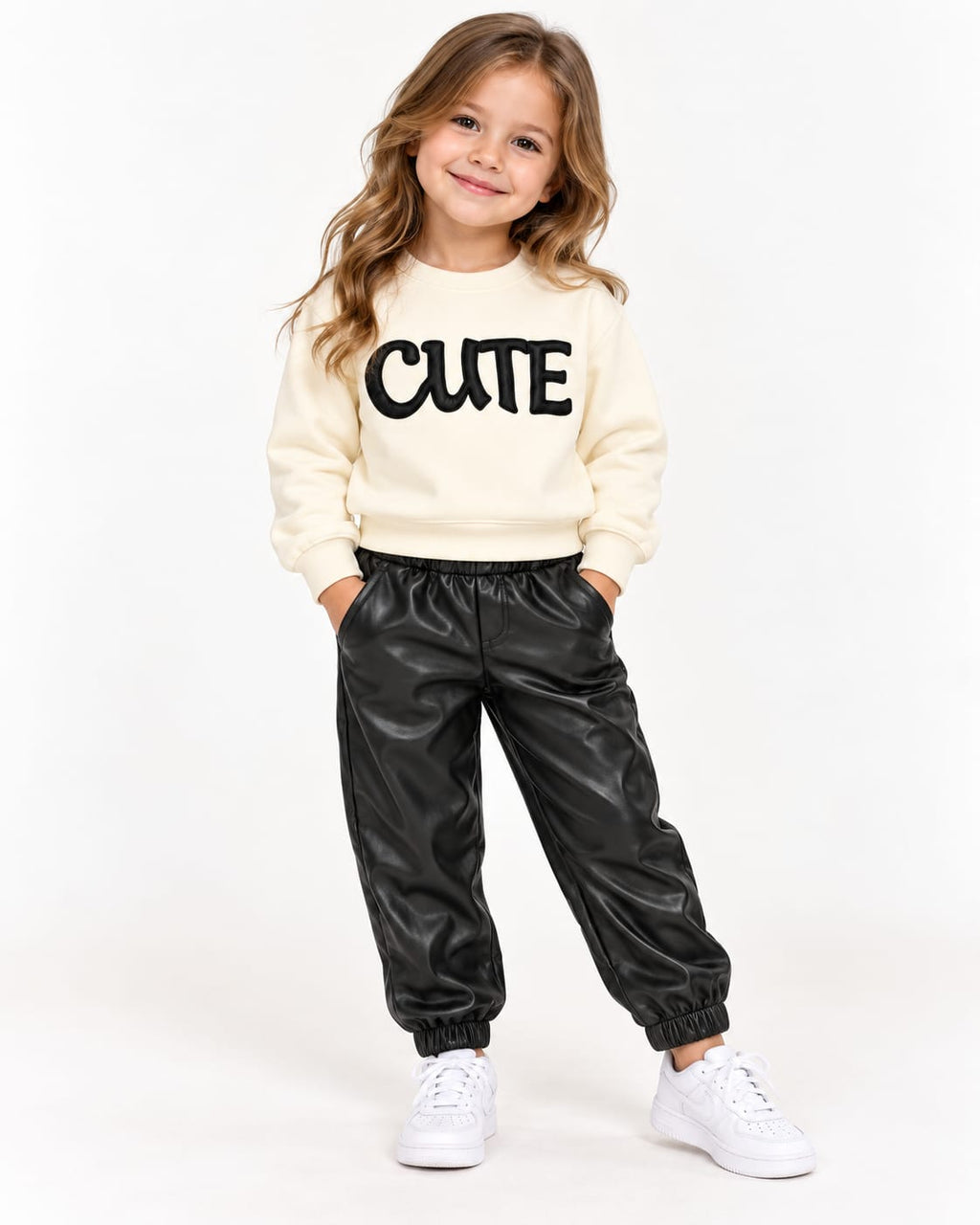 Compleu fete CUTE cu bluză albă și pantaloni negri efect piele