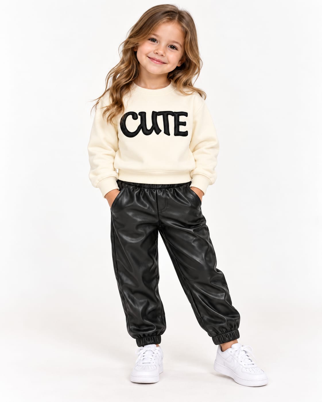 Compleu fete CUTE cu bluză albă și pantaloni negri efect piele