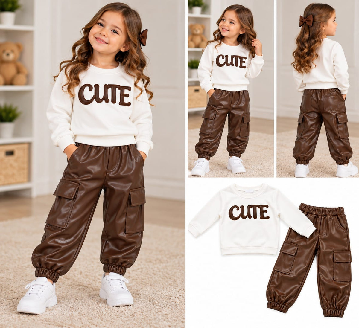 Compleu fete CUTE cu bluză albă și pantaloni maro efect piele