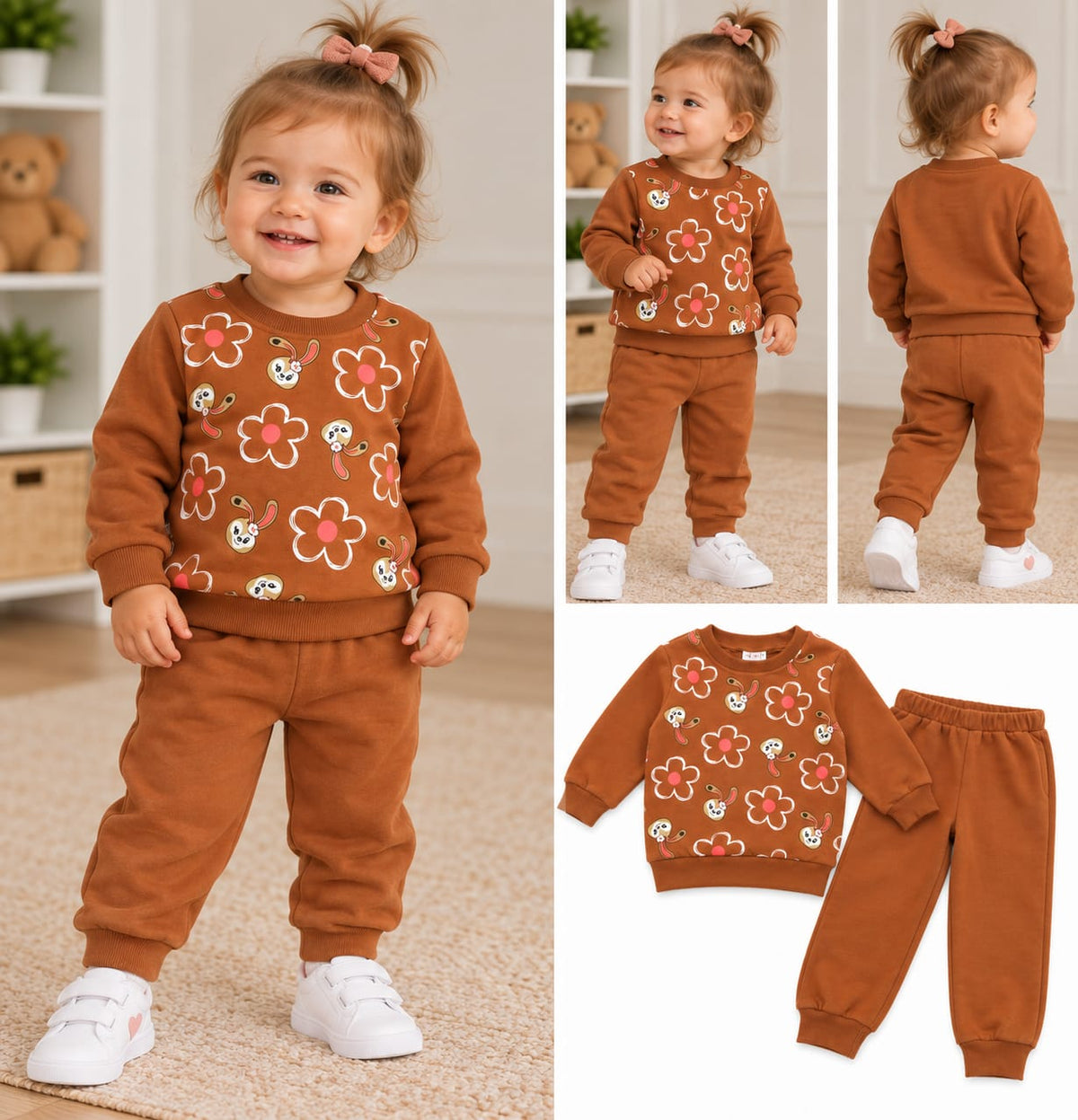Compleu fetițe cu flori -maro-caramel,bluză și pantaloni