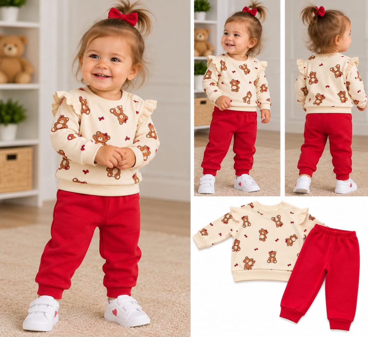 Compleu bebe cu ursuleți- bluză crem și pantaloni roșii