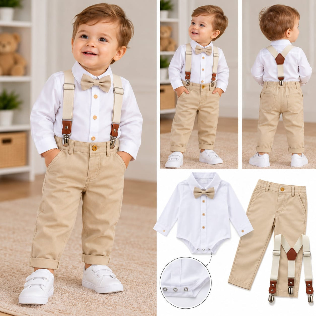 Set elegant băieți  cu cămașă ,pantaloni,papion și bretele-alb-bej
