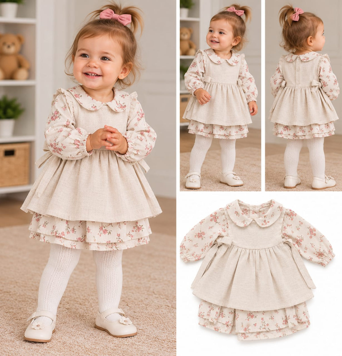 Rochie fetițe crem cu imprimeu floral și  fundițe
