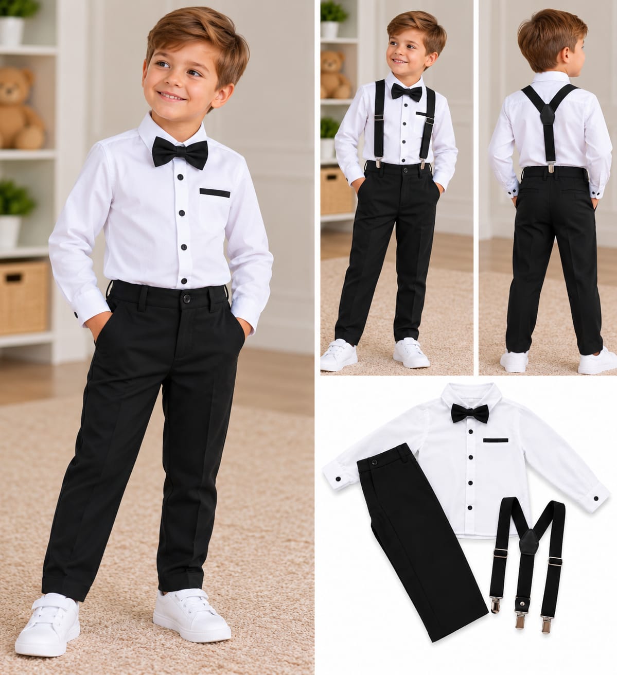 Compleu elegant pentru băieți 4 piese -Cămașă ,pantaloni,papion și bretele