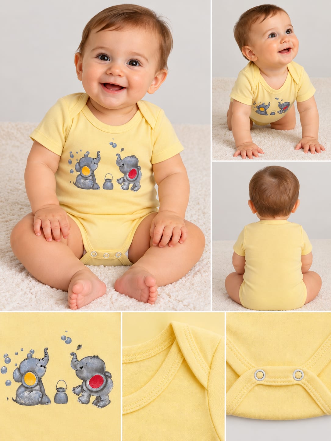 Body bebe galben cu elefănței,mînecă scurtă