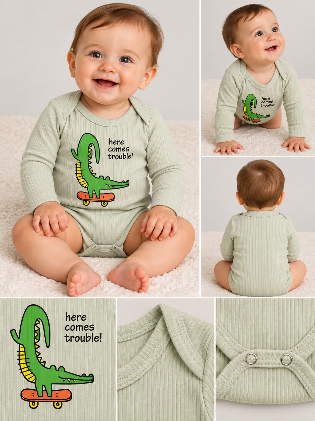 Body bebe verde cu crocodil,mînecă lungă