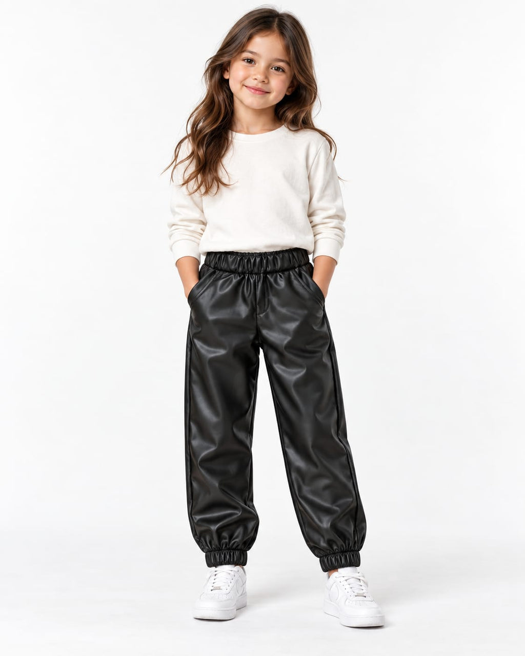 Pantaloni fete negri efect piele – model jogger