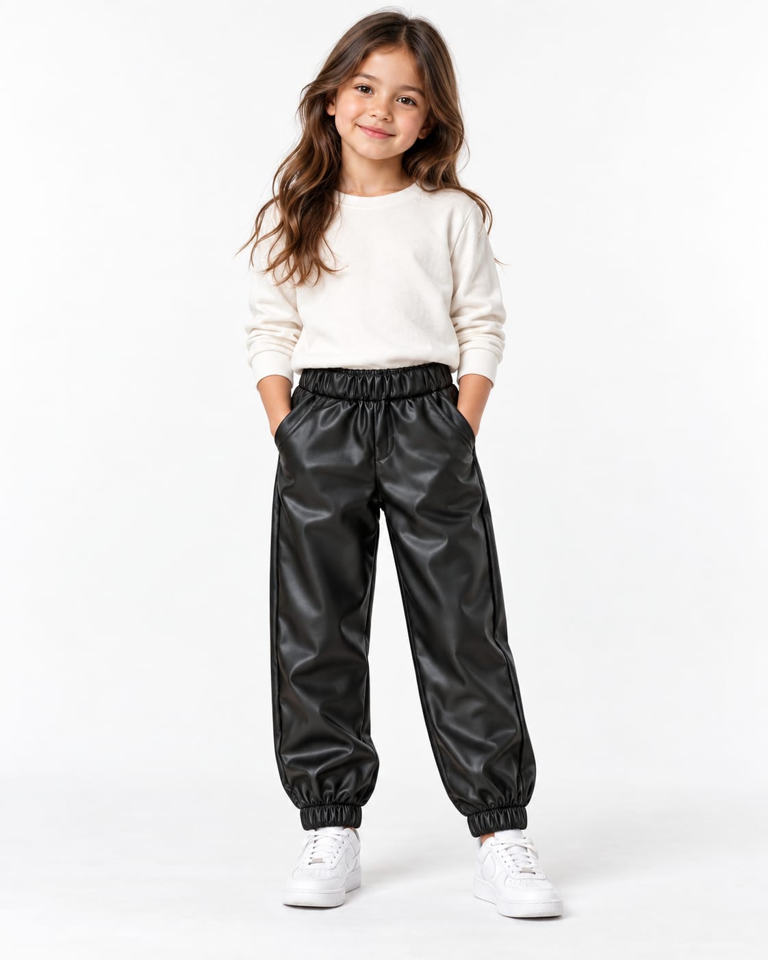 Pantaloni fete negri efect piele – model jogger