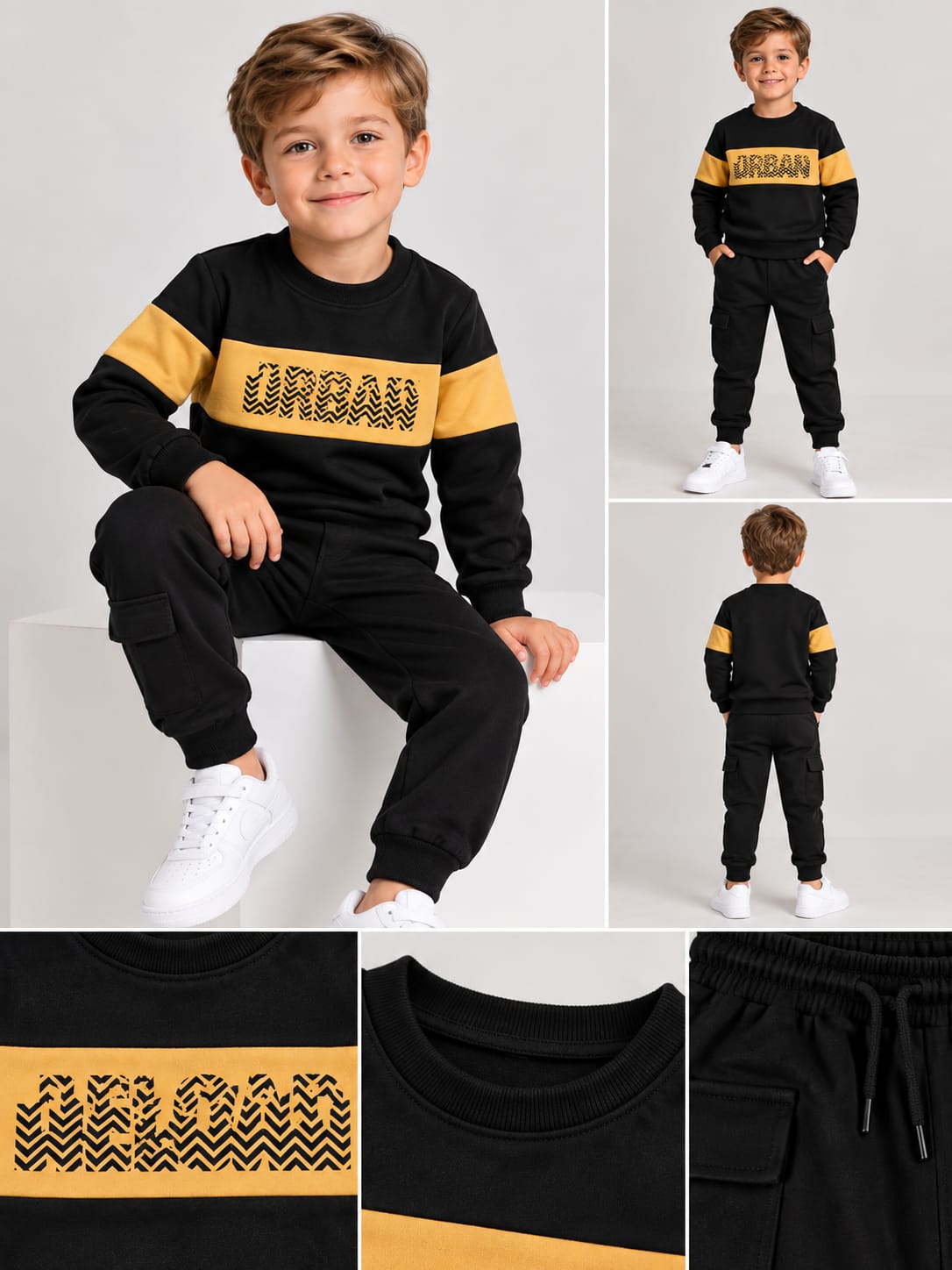 Compleu băieti negru cu inserție bej - bluză și pantaloni cargo